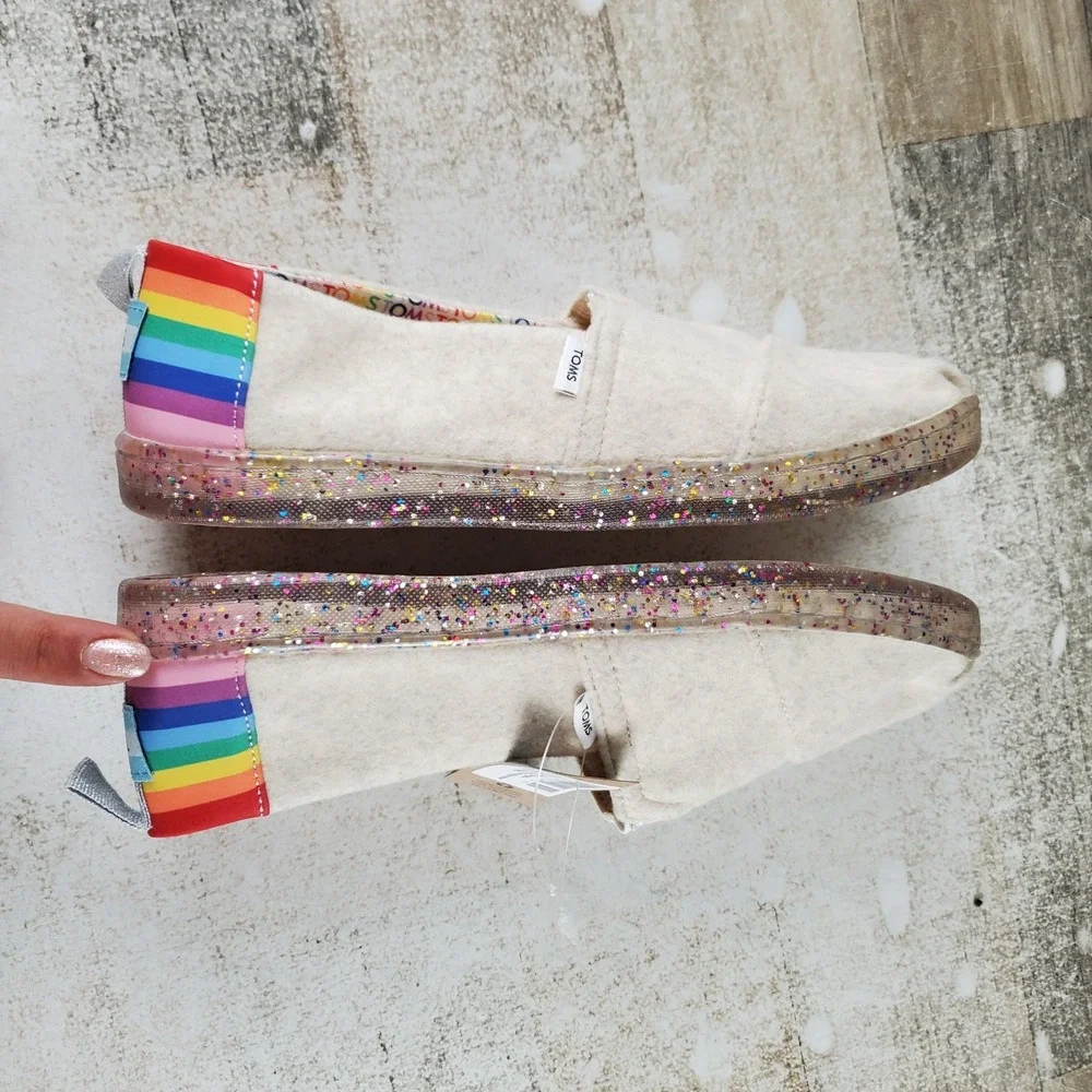 Toms Aclass Esp Kids Loafer Sz 3 Multi Rainbow Heel & Glittery Sole Slip On Flat